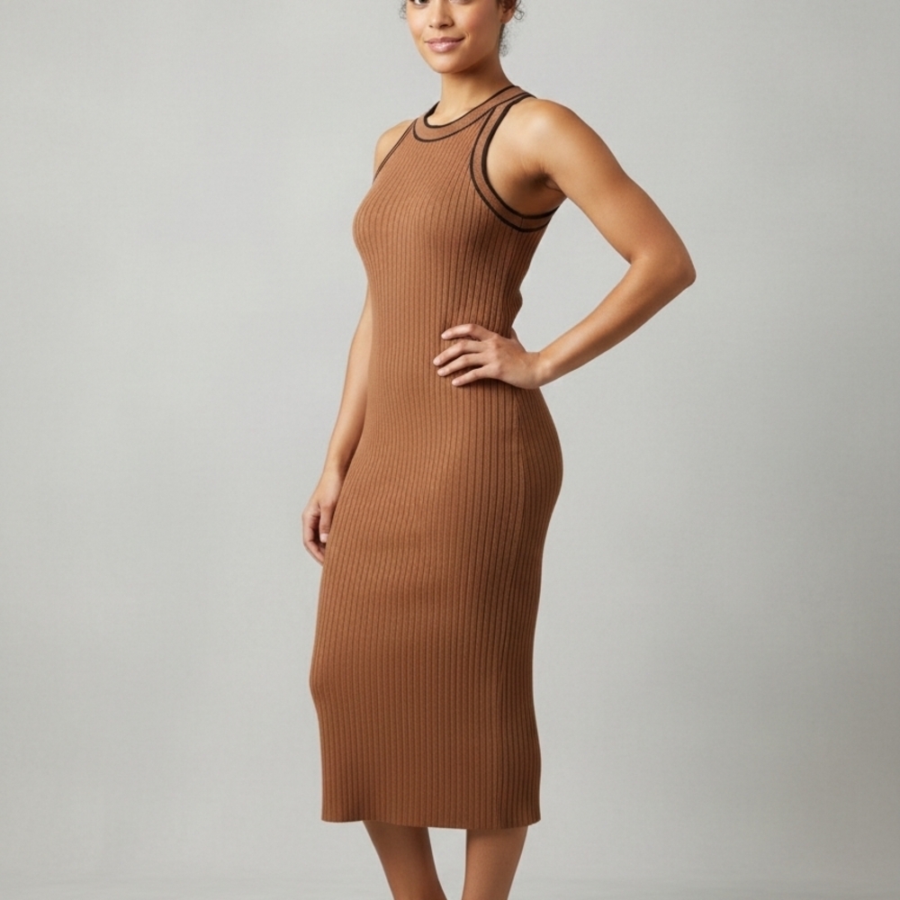 ✨ NWT Baltic Born Tove Knit Tank Midi Dress - Camel Tan Black Trim | Size Large